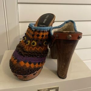MIU MIU multi color wool stud detail wooden heel platform clog/mule size 35 1/2